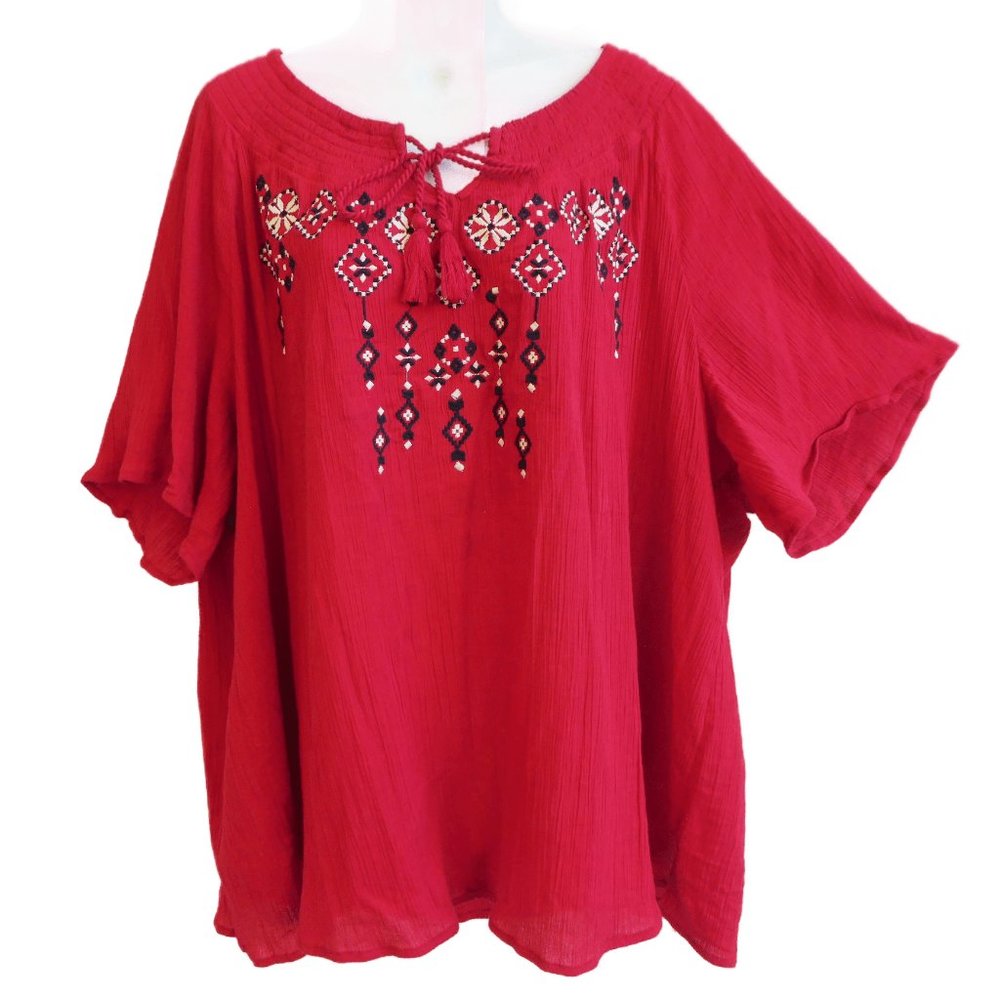 Catherines Red Cotton India Gauze Top Embroidered Keyhole Tie Tassels Smocked 4X - Picture 3 of 8